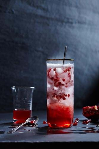 Pulmonary Punch Cocktail made with pomegranate, seltzer, and berry syrup.